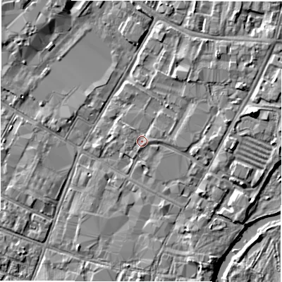 Shaded relief map of the ground around DE141BQ, computed from Environment Agency LiDAR. The ground here sits at about 46 m above sea level and falls 4 m across the surrounding 800 m. Surface water reaching this point runs off ground lying to the east, 0.6 m higher.