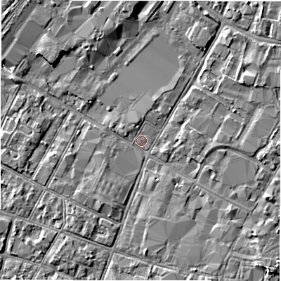 Shaded relief map of the ground around DE141BS, computed from Environment Agency LiDAR. The ground here sits at about 45 m above sea level and falls 4 m across the surrounding 800 m. Surface water reaching this point runs off ground lying to the south-south-east, 2.1 m higher.