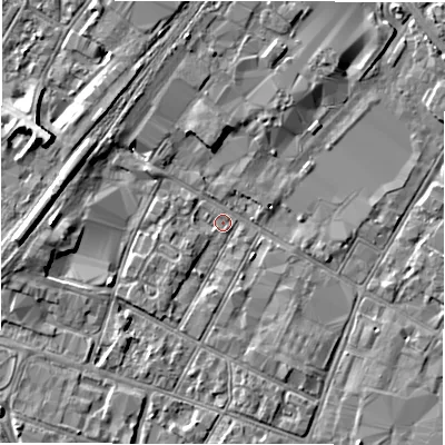 Shaded relief map of the ground around DE141BT, computed from Environment Agency LiDAR. The ground here sits at about 45 m above sea level and falls 6 m across the surrounding 800 m. Surface water reaching this point runs off ground lying to the west, 4.6 m higher.