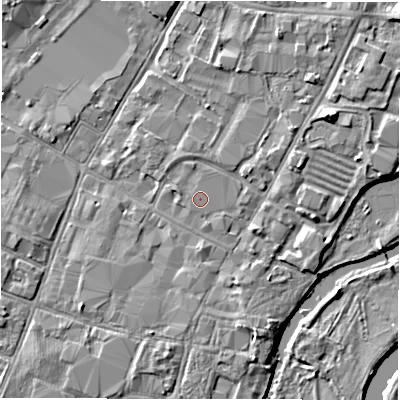 Shaded relief map of the ground around DE141BU, computed from Environment Agency LiDAR. The ground here sits at about 46 m above sea level and falls 5 m across the surrounding 800 m. Surface water reaching this point runs off ground lying to the south-south-east, 0.5 m higher.