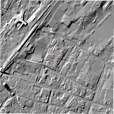 Shaded relief map of the ground around DE141BW, computed from Environment Agency LiDAR. The ground here sits at about 46 m above sea level and falls 7 m across the surrounding 800 m. Surface water reaching this point runs off ground lying to the east, 0.6 m higher.