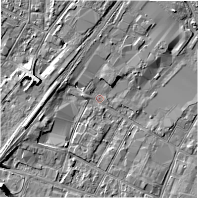Shaded relief map of the ground around DE141BX, computed from Environment Agency LiDAR. The ground here sits at about 45 m above sea level and falls 7 m across the surrounding 800 m. Surface water reaching this point runs off ground lying to the west-south-west, 4.6 m higher.