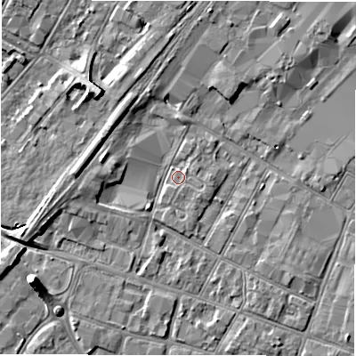 Shaded relief map of the ground around DE141BY, computed from Environment Agency LiDAR. The ground here sits at about 45 m above sea level and falls 7 m across the surrounding 800 m. Surface water reaching this point runs off ground lying to the south-west, 1.8 m higher.