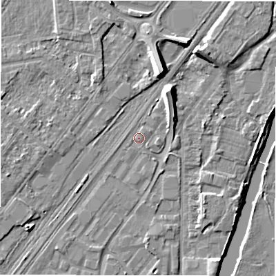 Shaded relief map of the ground around DE141DB, computed from Environment Agency LiDAR. The ground here sits at about 45 m above sea level and falls 10 m across the surrounding 800 m. Surface water reaching this point runs off ground lying to the north-north-east, 6.6 m higher.
