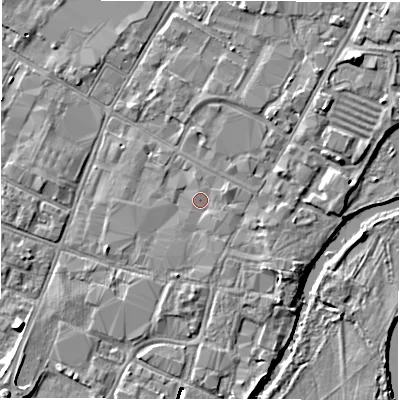 Shaded relief map of the ground around DE141DD, computed from Environment Agency LiDAR. The ground here sits at about 46 m above sea level and falls 8 m across the surrounding 800 m. Surface water reaching this point runs off ground lying to the south-south-east, 1.0 m higher.