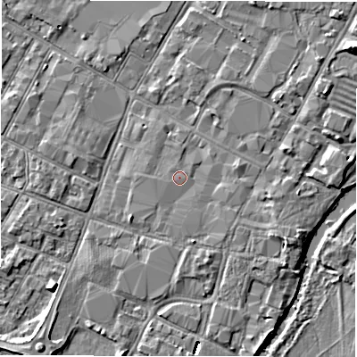 Shaded relief map of the ground around DE141DE, computed from Environment Agency LiDAR. The ground here sits at about 46 m above sea level and falls 8 m across the surrounding 800 m. The ground contributing surface water to this point lies to the west-south-west.