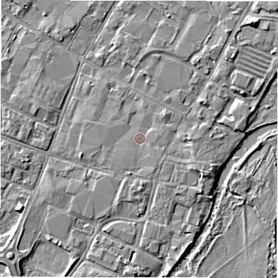 Shaded relief map of the ground around DE141DF, computed from Environment Agency LiDAR. The ground here sits at about 46 m above sea level and falls 8 m across the surrounding 800 m. Surface water reaching this point runs off ground lying to the south-east, 0.7 m higher.