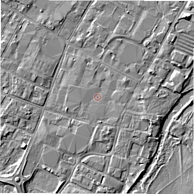 Shaded relief map of the ground around DE141DG, computed from Environment Agency LiDAR. The ground here sits at about 46 m above sea level and falls 8 m across the surrounding 800 m. The ground contributing surface water to this point lies to the south-east.