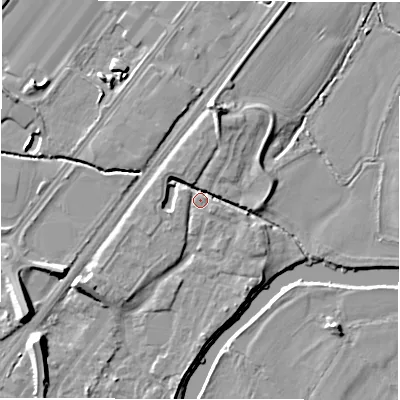 Shaded relief map of the ground around DE141DH, computed from Environment Agency LiDAR. The ground here sits at about 46 m above sea level and falls 10 m across the surrounding 800 m. Surface water reaching this point runs off ground lying to the north-north-east, 5.4 m higher.