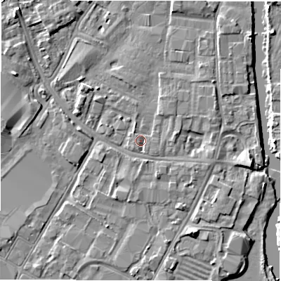 Shaded relief map of the ground around DE141DJ, computed from Environment Agency LiDAR. The ground here sits at about 45 m above sea level and falls 5 m across the surrounding 800 m. Surface water reaching this point runs off ground lying to the north-west, 0.7 m higher.
