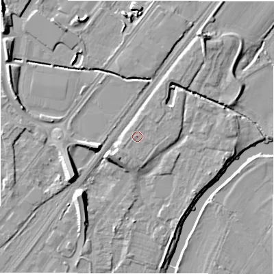 Shaded relief map of the ground around DE141DN, computed from Environment Agency LiDAR. The ground here sits at about 46 m above sea level and falls 10 m across the surrounding 800 m. Surface water reaching this point runs off ground lying to the south-west, 2.5 m higher.