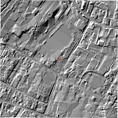 Shaded relief map of the ground around DE141DP, computed from Environment Agency LiDAR. The ground here sits at about 45 m above sea level and falls 3 m across the surrounding 800 m. Surface water reaching this point runs off ground lying to the west-south-west, 0.5 m higher.