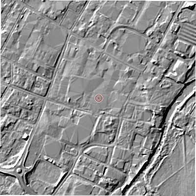 Shaded relief map of the ground around DE141DQ, computed from Environment Agency LiDAR. The ground here sits at about 46 m above sea level and falls 8 m across the surrounding 800 m. The ground contributing surface water to this point lies to the east.