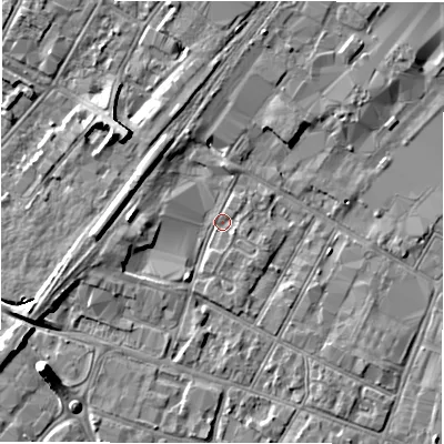 Shaded relief map of the ground around DE141DR, computed from Environment Agency LiDAR. The ground here sits at about 45 m above sea level and falls 7 m across the surrounding 800 m. Surface water reaching this point runs off ground lying to the west, 3.7 m higher.