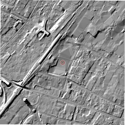 Shaded relief map of the ground around DE141DS, computed from Environment Agency LiDAR. The ground here sits at about 46 m above sea level and falls 8 m across the surrounding 800 m. Surface water reaching this point runs off ground lying to the west-south-west, 2.4 m higher.