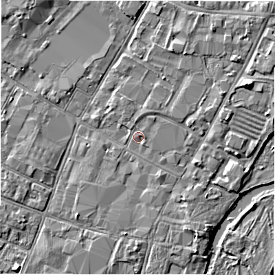 Shaded relief map of the ground around DE141DT, computed from Environment Agency LiDAR. The ground here sits at about 46 m above sea level and falls 5 m across the surrounding 800 m. Surface water reaching this point runs off ground lying to the north-north-east, 0.7 m higher.