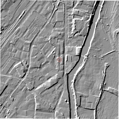 Shaded relief map of the ground around DE141DU, computed from Environment Agency LiDAR. The ground here sits at about 45 m above sea level and falls 6 m across the surrounding 800 m. Surface water reaching this point runs off ground lying to the north-north-west, 1.8 m higher.