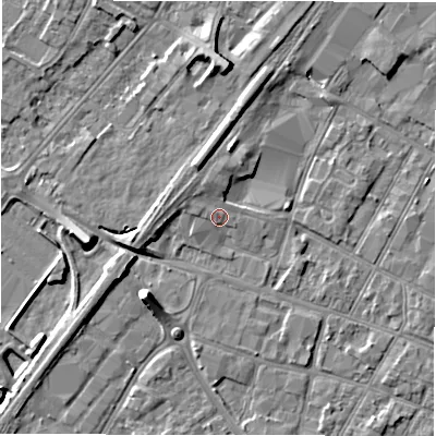Shaded relief map of the ground around DE141DW, computed from Environment Agency LiDAR. The ground here sits at about 46 m above sea level and falls 8 m across the surrounding 800 m. Surface water reaching this point runs off ground lying to the north-west, 1.5 m higher.