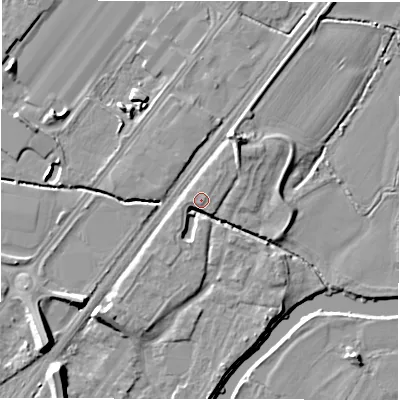 Shaded relief map of the ground around DE141DX, computed from Environment Agency LiDAR. The ground here sits at about 46 m above sea level and falls 10 m across the surrounding 800 m. Surface water reaching this point runs off ground lying to the south-south-west, 3.8 m higher.