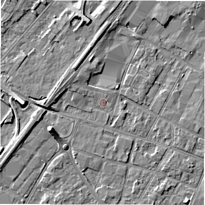 Shaded relief map of the ground around DE141DY, computed from Environment Agency LiDAR. The ground here sits at about 46 m above sea level and falls 8 m across the surrounding 800 m. Surface water reaching this point runs off ground lying to the west, 6.9 m higher.