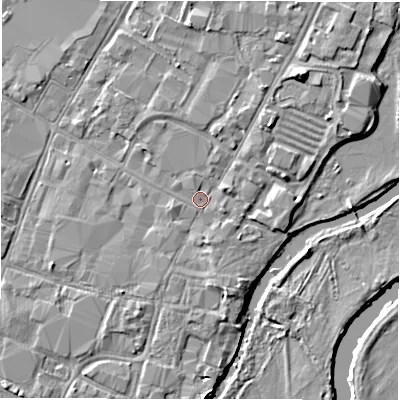 Shaded relief map of the ground around DE141DZ, computed from Environment Agency LiDAR. The ground here sits at about 46 m above sea level and falls 5 m across the surrounding 800 m. Surface water reaching this point runs off ground lying to the south, 1.8 m higher.