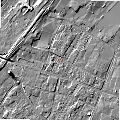 Shaded relief map of the ground around DE141EA, computed from Environment Agency LiDAR. The ground here sits at about 45 m above sea level and falls 7 m across the surrounding 800 m. Surface water reaching this point runs off ground lying to the west-south-west, 6.1 m higher.