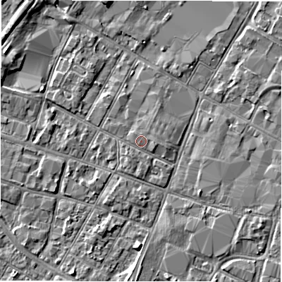 Shaded relief map of the ground around DE141EB, computed from Environment Agency LiDAR. The ground here sits at about 46 m above sea level and falls 6 m across the surrounding 800 m. The ground contributing surface water to this point lies to the east.