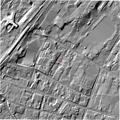 Shaded relief map of the ground around DE141ED, computed from Environment Agency LiDAR. The ground here sits at about 45 m above sea level and falls 6 m across the surrounding 800 m. Surface water reaching this point runs off ground lying to the west, 2.8 m higher.