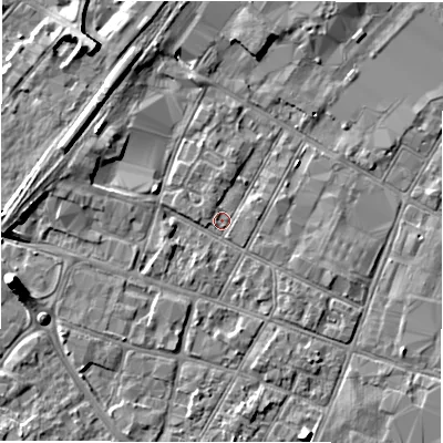 Shaded relief map of the ground around DE141EE, computed from Environment Agency LiDAR. The ground here sits at about 45 m above sea level and falls 7 m across the surrounding 800 m. Surface water reaching this point runs off ground lying to the west-north-west, 2.7 m higher.