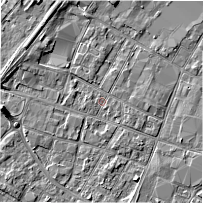 Shaded relief map of the ground around DE141EF, computed from Environment Agency LiDAR. The ground here sits at about 45 m above sea level and falls 7 m across the surrounding 800 m. Surface water reaching this point runs off ground lying to the south-south-east, 1.2 m higher.
