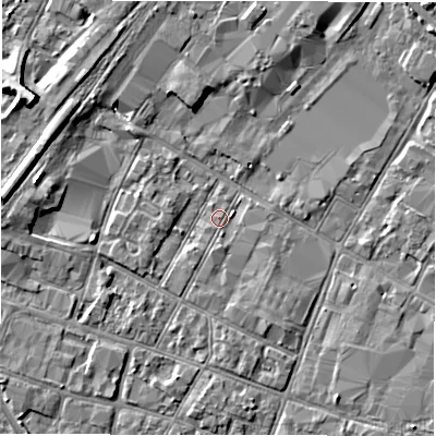 Shaded relief map of the ground around DE141EG, computed from Environment Agency LiDAR. The ground here sits at about 45 m above sea level and falls 6 m across the surrounding 800 m. Surface water reaching this point runs off ground lying to the south-south-east, 1.2 m higher.