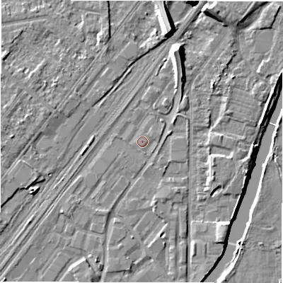 Shaded relief map of the ground around DE141EJ, computed from Environment Agency LiDAR. The ground here sits at about 45 m above sea level and falls 10 m across the surrounding 800 m. Surface water reaching this point runs off ground lying to the south-south-west, 1.0 m higher.