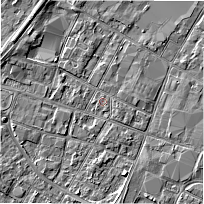 Shaded relief map of the ground around DE141EN, computed from Environment Agency LiDAR. The ground here sits at about 45 m above sea level and falls 5 m across the surrounding 800 m. The ground contributing surface water to this point lies to the south-west.