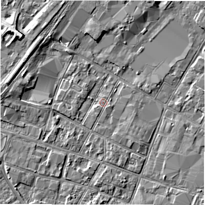Shaded relief map of the ground around DE141EP, computed from Environment Agency LiDAR. The ground here sits at about 45 m above sea level and falls 6 m across the surrounding 800 m. Surface water reaching this point runs off ground lying to the south-south-west, 0.7 m higher.