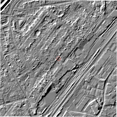 Shaded relief map of the ground around DE141EQ, computed from Environment Agency LiDAR. The ground here sits at about 46 m above sea level and falls 5 m across the surrounding 800 m. Surface water reaching this point runs off ground lying to the south-south-west, 1.7 m higher.