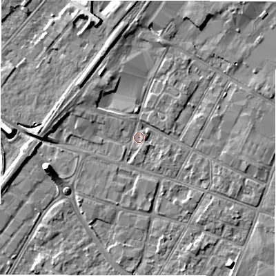 Shaded relief map of the ground around DE141ER, computed from Environment Agency LiDAR. The ground here sits at about 46 m above sea level and falls 8 m across the surrounding 800 m. Surface water reaching this point runs off ground lying to the west, 6.9 m higher.