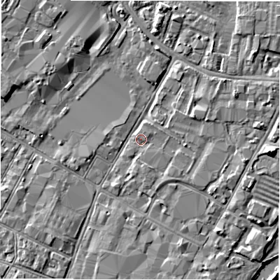Shaded relief map of the ground around DE141ES, computed from Environment Agency LiDAR. The ground here sits at about 45 m above sea level and falls 4 m across the surrounding 800 m. Surface water reaching this point runs off ground lying to the east-north-east, 2.2 m higher.