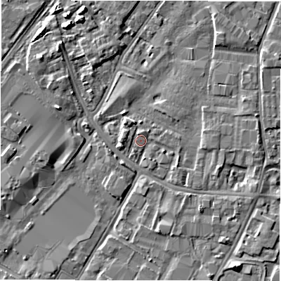 Shaded relief map of the ground around DE141ET, computed from Environment Agency LiDAR. The ground here sits at about 45 m above sea level and falls 6 m across the surrounding 800 m. Surface water reaching this point runs off ground lying to the north, 1.2 m higher.