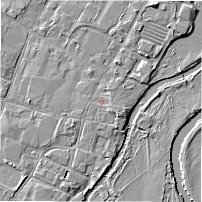 Shaded relief map of the ground around DE141HA, computed from Environment Agency LiDAR. The ground here sits at about 46 m above sea level and falls 7 m across the surrounding 800 m. Surface water reaching this point runs off ground lying to the south-east, 1.1 m higher.