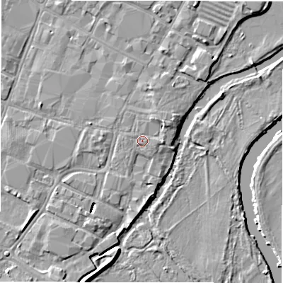Shaded relief map of the ground around DE141HJ, computed from Environment Agency LiDAR. The ground here sits at about 47 m above sea level and falls 6 m across the surrounding 800 m. Surface water reaching this point runs off ground lying to the north-east, 1.9 m higher.