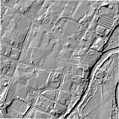 Shaded relief map of the ground around DE141HL, computed from Environment Agency LiDAR. The ground here sits at about 46 m above sea level and falls 8 m across the surrounding 800 m. Surface water reaching this point runs off ground lying to the south-east, 0.6 m higher.