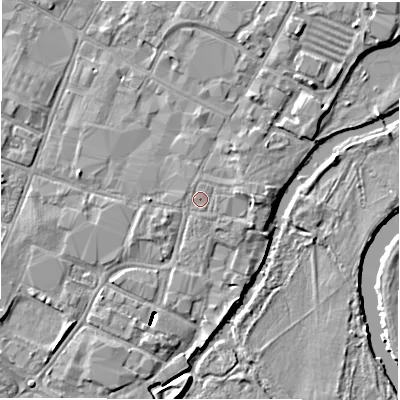 Shaded relief map of the ground around DE141HN, computed from Environment Agency LiDAR. The ground here sits at about 46 m above sea level and falls 6 m across the surrounding 800 m. The ground contributing surface water to this point lies to the west.