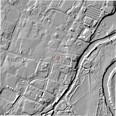 Shaded relief map of the ground around DE141HQ, computed from Environment Agency LiDAR. The ground here sits at about 46 m above sea level and falls 6 m across the surrounding 800 m. The ground contributing surface water to this point lies to the south-south-east.