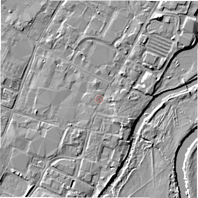 Shaded relief map of the ground around DE141HU, computed from Environment Agency LiDAR. The ground here sits at about 46 m above sea level and falls 7 m across the surrounding 800 m. Surface water reaching this point runs off ground lying to the south-east, 1.4 m higher.