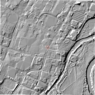 Shaded relief map of the ground around DE141HX, computed from Environment Agency LiDAR. The ground here sits at about 46 m above sea level and falls 7 m across the surrounding 800 m. Surface water reaching this point runs off ground lying to the east-south-east, 1.1 m higher.