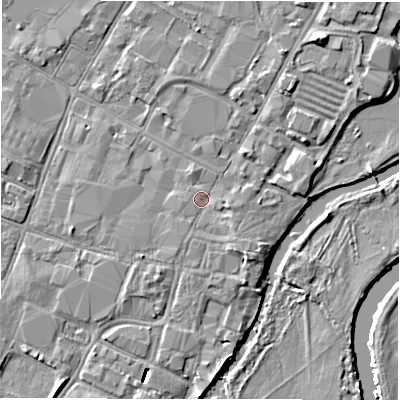 Shaded relief map of the ground around DE141JA, computed from Environment Agency LiDAR. The ground here sits at about 46 m above sea level and falls 7 m across the surrounding 800 m. Surface water reaching this point runs off ground lying to the south-south-east, 1.5 m higher.