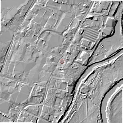 Shaded relief map of the ground around DE141JE, computed from Environment Agency LiDAR. The ground here sits at about 46 m above sea level and falls 7 m across the surrounding 800 m. Surface water reaching this point runs off ground lying to the south, 1.7 m higher.