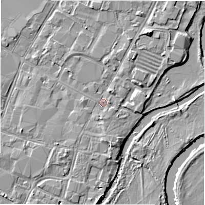 Shaded relief map of the ground around DE141JG, computed from Environment Agency LiDAR. The ground here sits at about 46 m above sea level and falls 7 m across the surrounding 800 m. Surface water reaching this point runs off ground lying to the south, 1.7 m higher.
