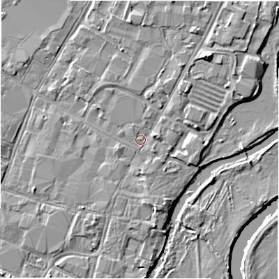 Shaded relief map of the ground around DE141JN, computed from Environment Agency LiDAR. The ground here sits at about 46 m above sea level and falls 5 m across the surrounding 800 m. Surface water reaching this point runs off ground lying to the south, 1.8 m higher.