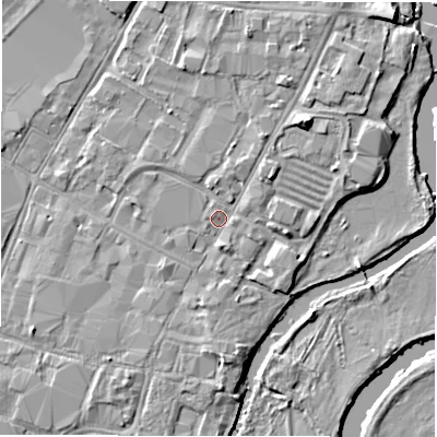 Shaded relief map of the ground around DE141JP, computed from Environment Agency LiDAR. The ground here sits at about 45 m above sea level and falls 5 m across the surrounding 800 m. Surface water reaching this point runs off ground lying to the south, 1.9 m higher.